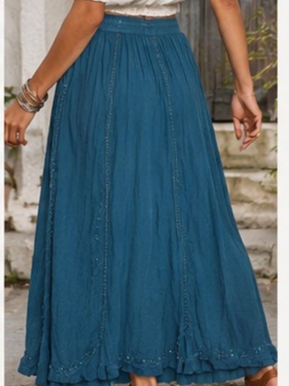Sahiba Teal Blue Crinkle Maxi Skirt Free Size Boho Embroidered India Viscose - Picture 11 of 11